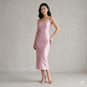 Nuevo Ystilo  Shantung Spaghetti Strap Midi Dress in Dusty Rose